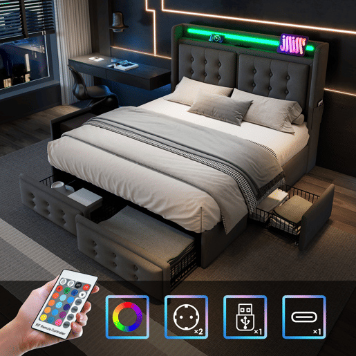 Cama para adultos 180x200cm em tecido de linho - com LED e portas de carregamento - 4 gavetas - Cinzento