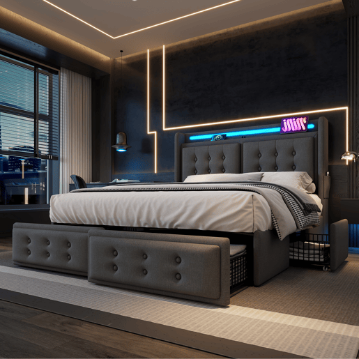 Cama para adultos 180x200cm em tecido de linho - com LED e portas de carregamento - 4 gavetas - Cinzento
