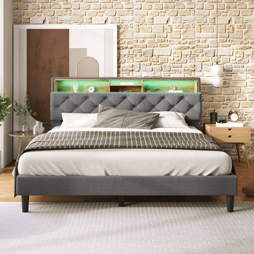 Cama de casal estofada em linho 140x200 cm com LED e espaço de arrumação - estrado de ripas - Cinzento