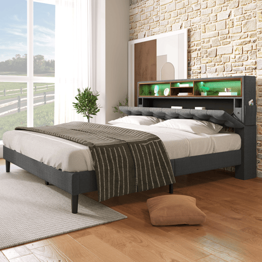 Cama de casal estofada em linho 140x200 cm com LED e espaço de arrumação - estrado de ripas - Cinzento