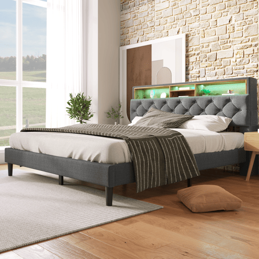 Cama de casal estofada em linho 140x200 cm com LED e espaço de arrumação - estrado de ripas - Cinzento