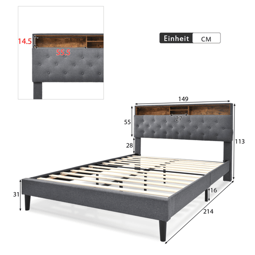Cama de casal estofada em linho 140x200 cm com LED e espaço de arrumação - estrado de ripas - Cinzento