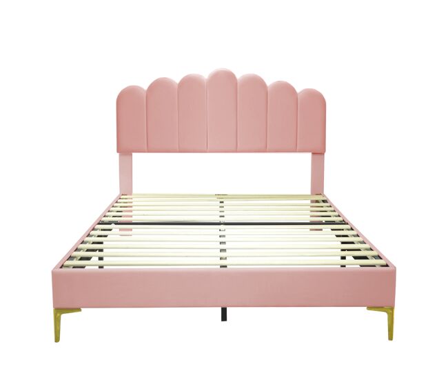 Cama tapizada de terciopelo 140x200cm con somier de láminas - cabecero ajustable - rosa