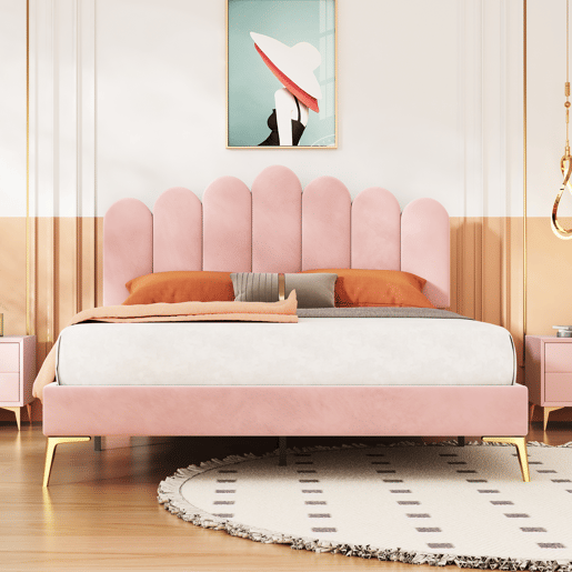 Cama estofada em veludo 140x200cm com estrado de ripas - cabeceira regulável - Rosa