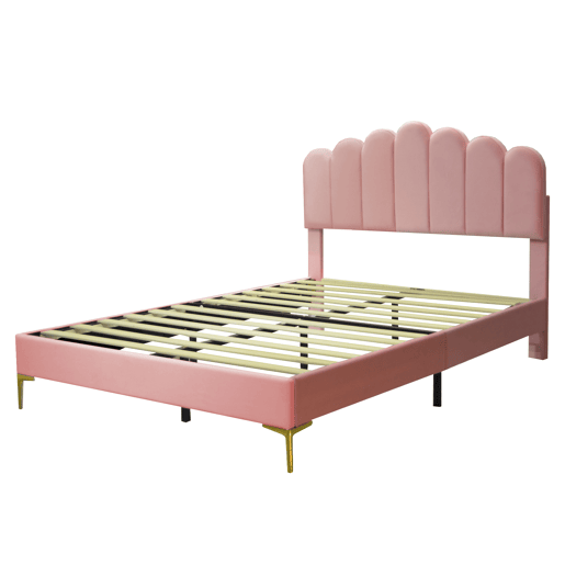 Cama estofada em veludo 140x200cm com estrado de ripas - cabeceira regulável - Rosa