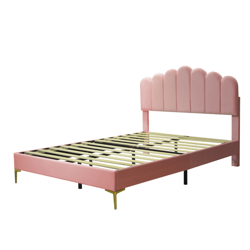 Cama estofada em veludo 140x200cm com estrado de ripas - cabeceira regulável - Rosa