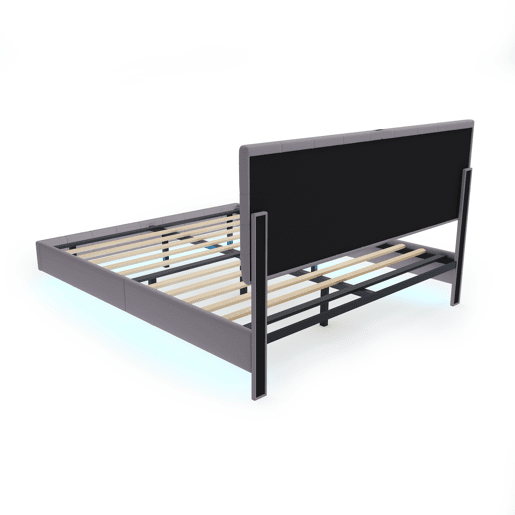 Cama para adultos 160x200 cm - cama flutuante com LED e 2 portas USB + estrado - tecido de linho - Cinzento