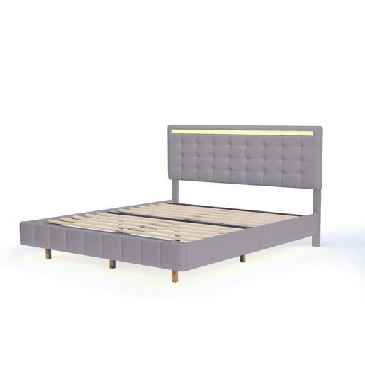 Cama para adultos 160x200 cm - cama flutuante com LED e 2 portas USB + estrado - tecido de linho - Cinzento