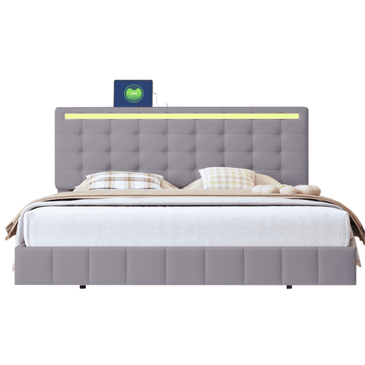 Cama para adultos 160x200 cm - cama flutuante com LED e 2 portas USB + estrado - tecido de linho - Cinzento