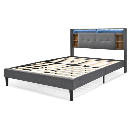Cama de casal estofada em linho 140x200cm com LED e porta de carregamento USB - estrado - Cinzento