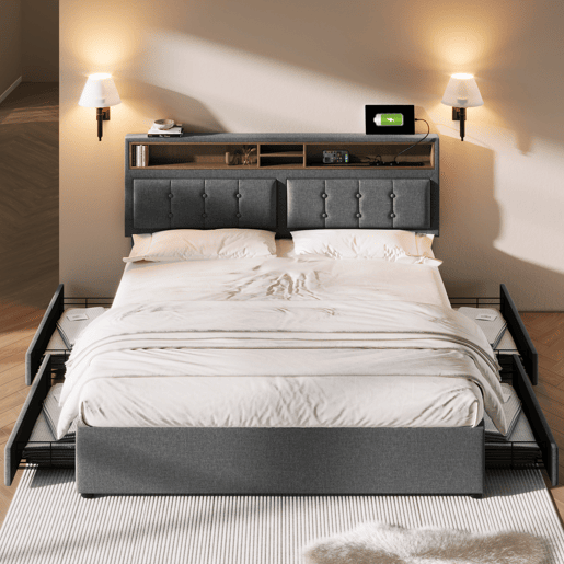 Cama de adulto estofada com 4 gavetas e porta de carregamento USB - 160x200cm - Tecido de linho - Cinzento