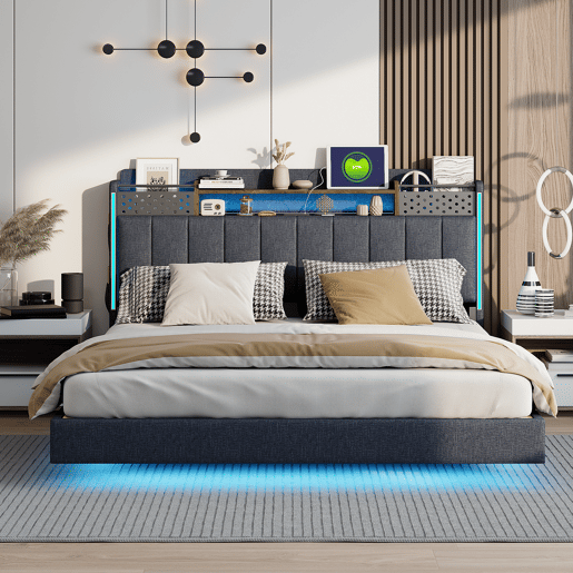 Cama em tecido de linho 160x200 cm - com tomada USB e estrado - Cinzento