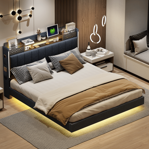 Cama em tecido de linho 160x200 cm - com tomada USB e estrado - Cinzento