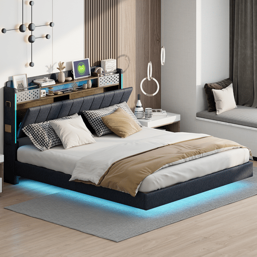Cama em tecido de linho 160x200 cm - com tomada USB e estrado - Cinzento