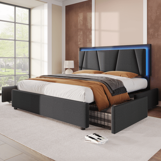 Cama estofada 140x200cm em linho - com 2 gavetas + LED + estrado - Cinzento