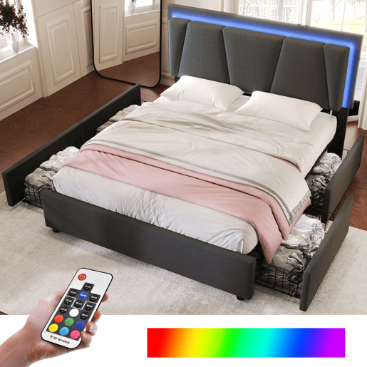 Cama estofada 140x200cm em linho - com 2 gavetas + LED + estrado - Cinzento