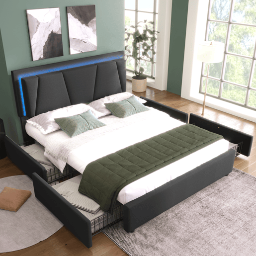 Cama estofada 140x200cm em linho - com 2 gavetas + LED + estrado - Cinzento