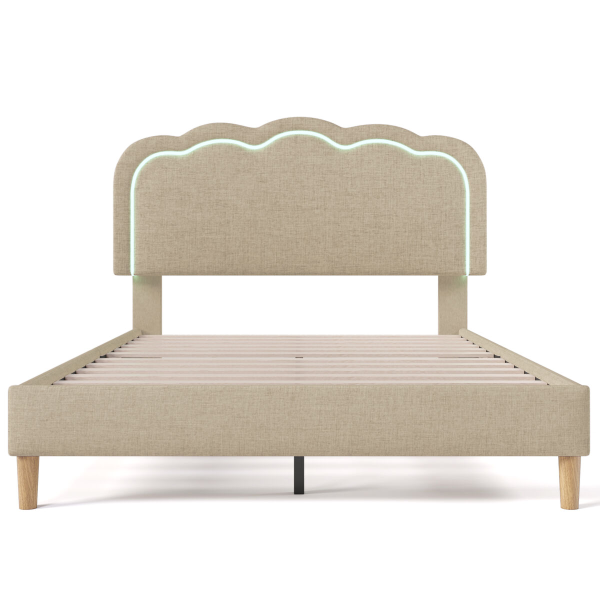Cama 140x200 tapizada en lino - con led y somier - beige