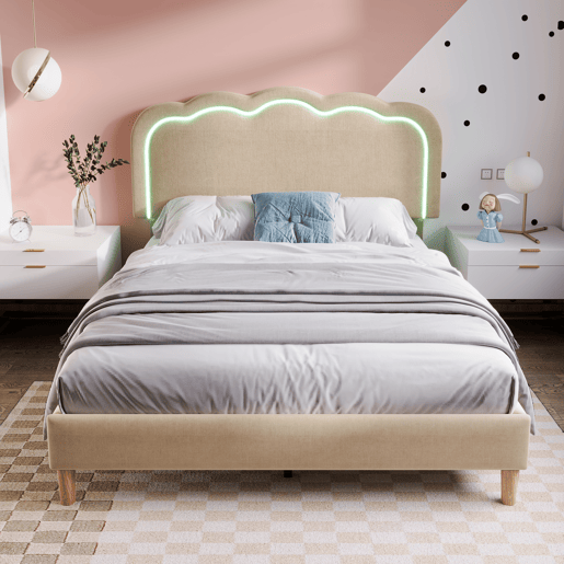 Cama estofada em linho 140x200 - com LED e estrado - Bege