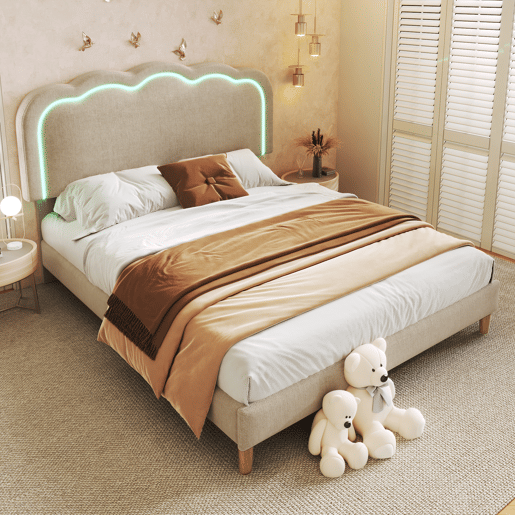 Cama estofada em linho 140x200 - com LED e estrado - Bege