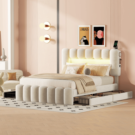 Cama estofada em veludo - 140x200cm - 4 gavetas + LED + Portas de carregamento + Leitor - Bege