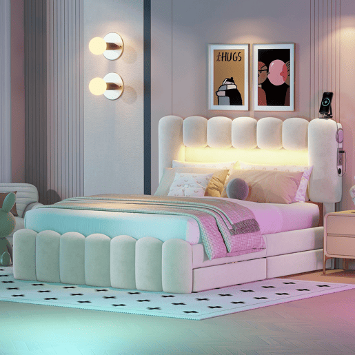 Cama estofada em veludo - 140x200cm - 4 gavetas + LED + Portas de carregamento + Leitor - Bege