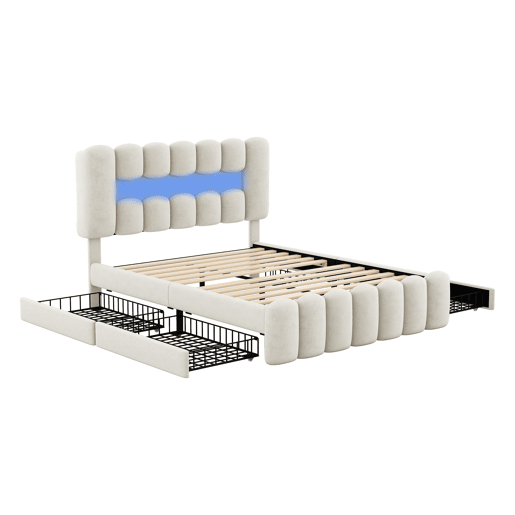 Cama estofada em veludo - 140x200cm - 4 gavetas + LED + Portas de carregamento + Leitor - Bege