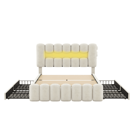 Cama estofada em veludo - 140x200cm - 4 gavetas + LED + Portas de carregamento + Leitor - Bege