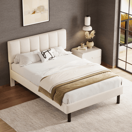 Cama 140x190cm estofada em sherpa - com estrado de molas - Bege