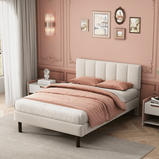 Cama 140x190cm estofada em sherpa - com estrado de molas - Bege