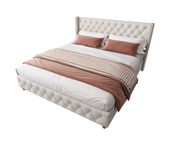 Cama para adultos acolchada de lino - 180x200 cm - con somier - beige