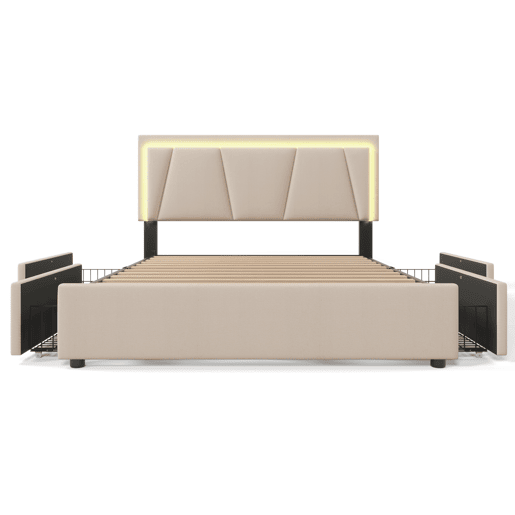 Cama estofada 140x200cm em linho - com 2 gavetas + LED + estrado - Bege