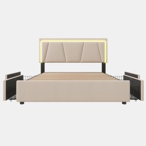Cama estofada 140x200cm em linho - com 2 gavetas + LED + estrado - Bege