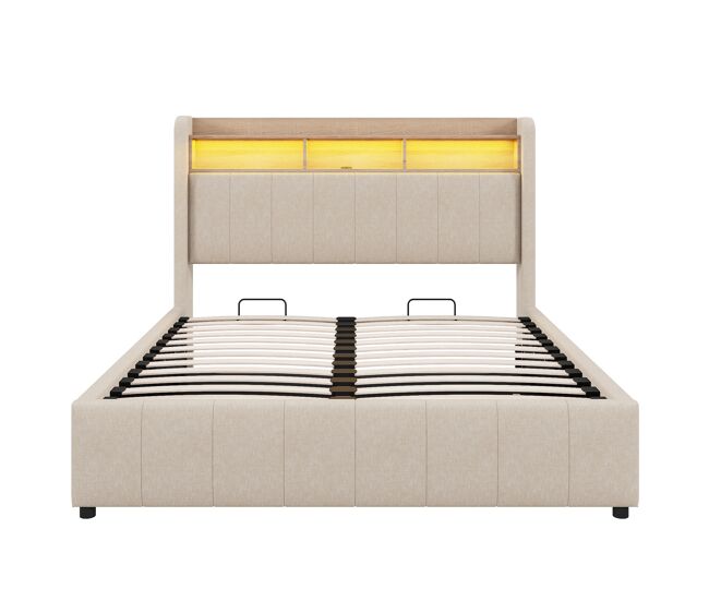 Cómoda cómoda acolchada de lino 140x200 cm - con led + enchufes - beige