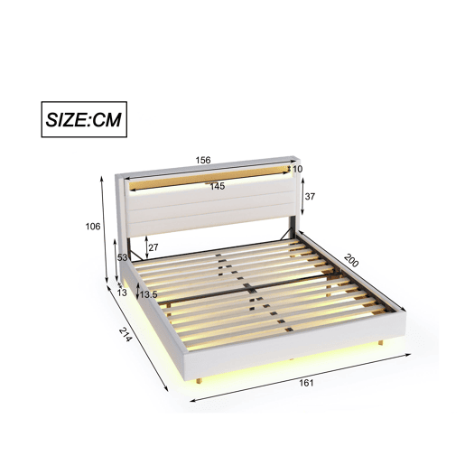 Cama estofada em linho 160x200 cm - com tomada USB e LED - cabeceira reversível - Bege