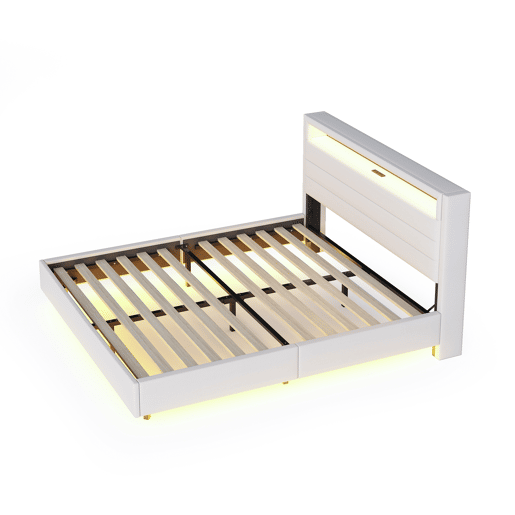 Cama estofada em linho 160x200 cm - com tomada USB e LED - cabeceira reversível - Bege