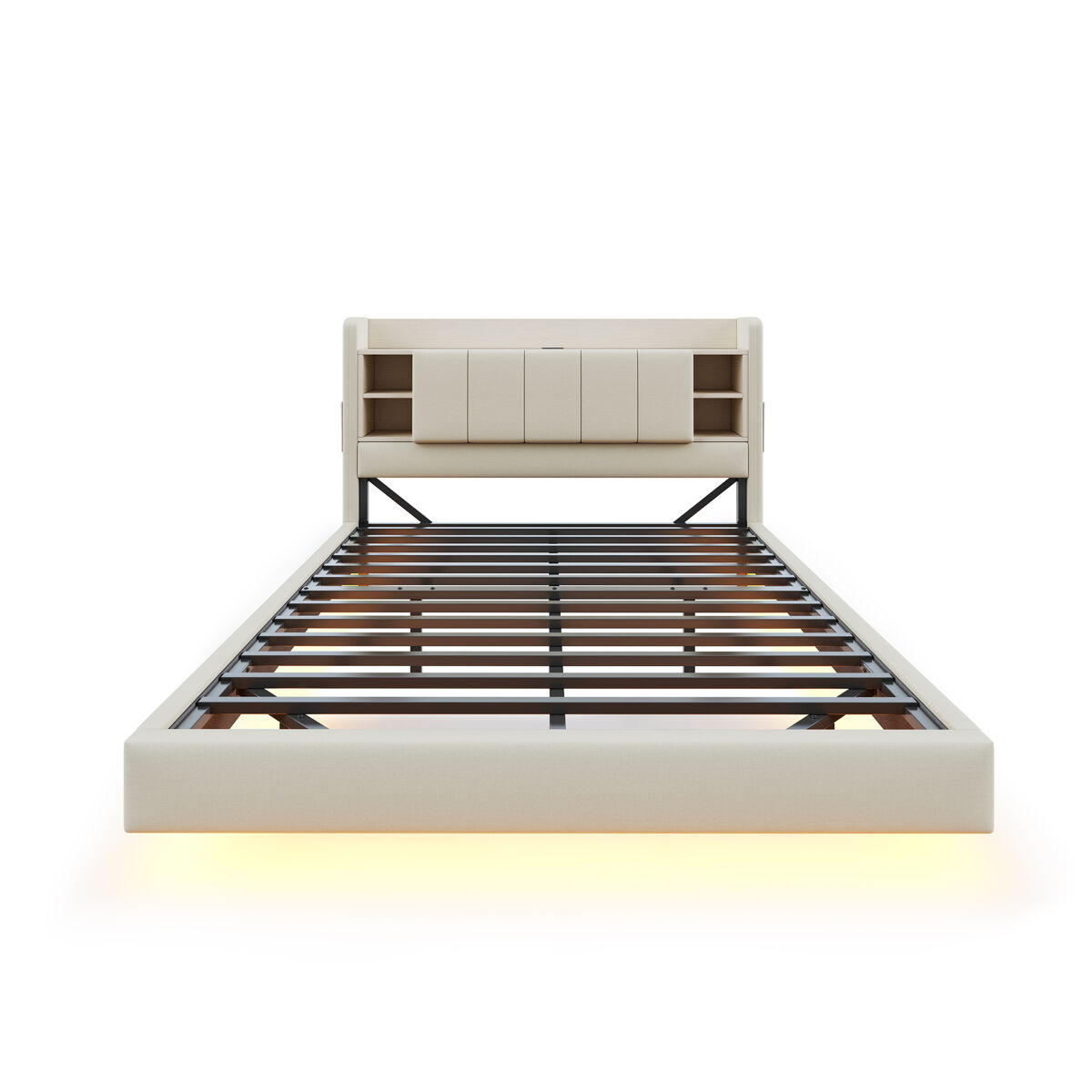 Cama tapizada de lino 140x200 cm - con toma usb + led - con base de metal - beige