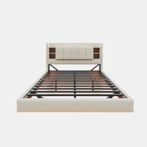 Cama estofada em linho 140x200 cm - com tomada USB + LED - com base metálica - Bege