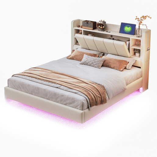 Cama estofada em linho 140x200 cm - com tomada USB + LED - com base metálica - Bege