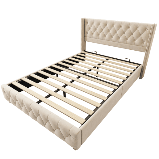 Cama de adulto estofada em veludo - 160x200 cm - com estrado de molas - Bege
