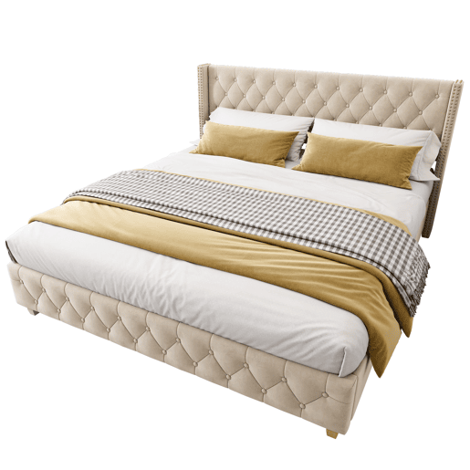 Cama de adulto estofada em veludo - 160x200 cm - com estrado de molas - Bege