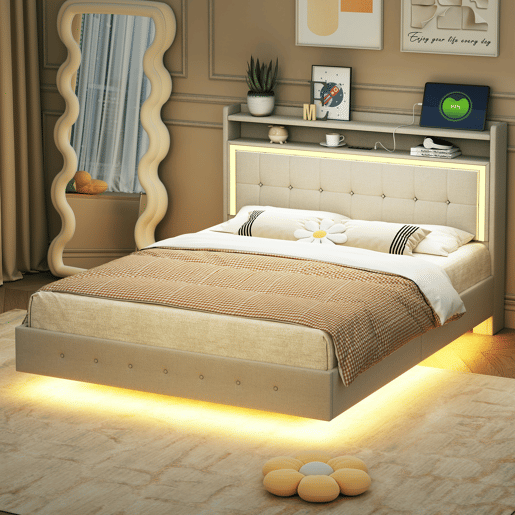 Cama estofada em linho 140x200 cm - com tomada USB e LED - Bege Cama estofada em linho 140x200 cm - com tomada USB e LED - Bege