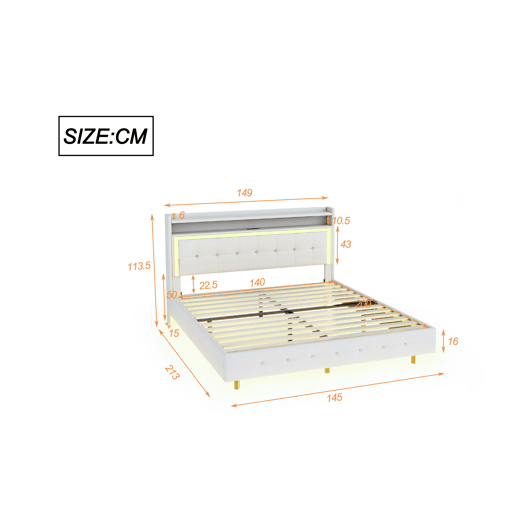 Cama estofada em linho 140x200 cm - com tomada USB e LED - Bege Cama estofada em linho 140x200 cm - com tomada USB e LED - Bege