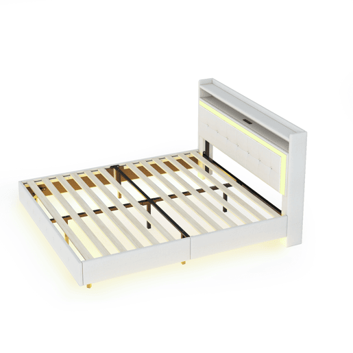 Cama estofada em linho 140x200 cm - com tomada USB e LED - Bege Cama estofada em linho 140x200 cm - com tomada USB e LED - Bege