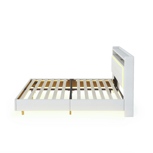 Cama estofada em linho 140x200 cm - com tomada USB e LED - Bege Cama estofada em linho 140x200 cm - com tomada USB e LED - Bege
