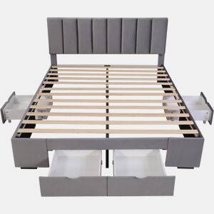 Cama de adulto estofada em veludo 160x200cm com 4 gavetas + cabeceira regulável + estrado de molas - Cinzento