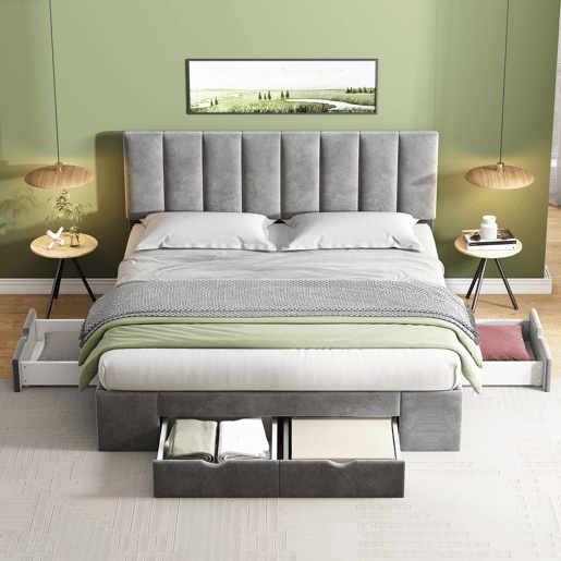 Cama de adulto estofada em veludo 160x200cm com 4 gavetas + cabeceira regulável + estrado de molas - Cinzento