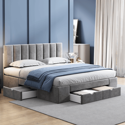 Cama de adulto estofada em veludo 160x200cm com 4 gavetas + cabeceira regulável + estrado de molas - Cinzento