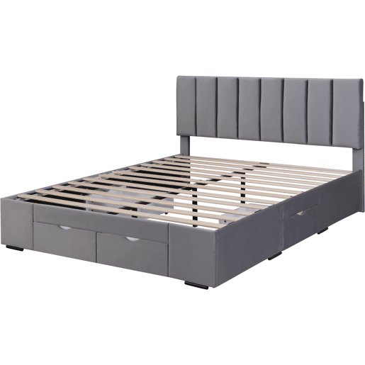 Cama de adulto estofada em veludo 160x200cm com 4 gavetas + cabeceira regulável + estrado de molas - Cinzento