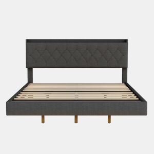 Cama estofada em linho 160x200 cm - com porta de carregamento USB e LED - com estrado - Cinzento